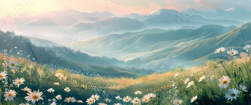 Sunrise Over a Foggy Meadow Filled With White Wildflowers
