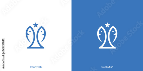 Abstract Trophy Fish Logo Designs. Trophy and Two Fish with Minimalist Style. Fishing Sport Logo, Icon, Symbol, Vector, Design Template.