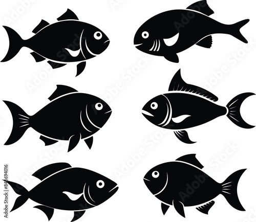 Set of black fish icon black silhouette fisheries vector