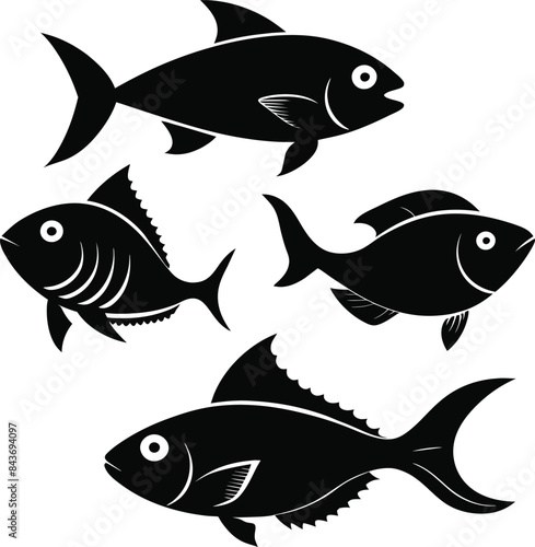 Set of black fish icon black silhouette fisheries vector