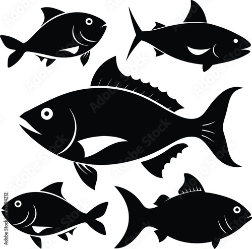 Set of black fish icon black silhouette fisheries vector