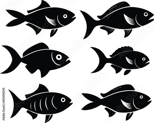 Set of black fish icon black silhouette fisheries vector
