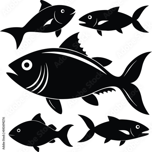 Set of black fish icon black silhouette fisheries vector