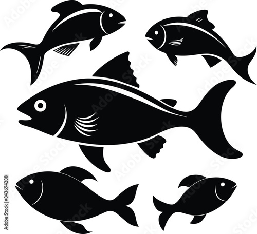Set of black fish icon black silhouette fisheries vector