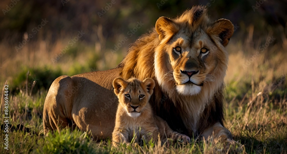Beautiful proud lion father and cub Beautiful proud lion father and cub