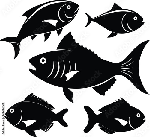 Set of black fish icon black silhouette fisheries vector