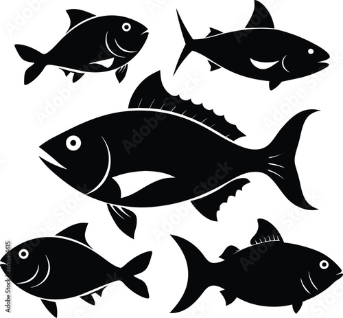 Set of black fish icon black silhouette fisheries vector
