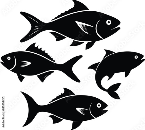 Set of black fish icon black silhouette fisheries vector