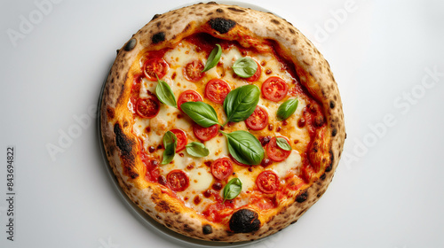 Pizza Margarita baked in a bread oven on a white background