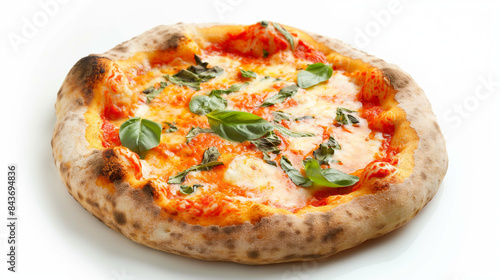 Pizza Margarita baked in a bread oven on a white background