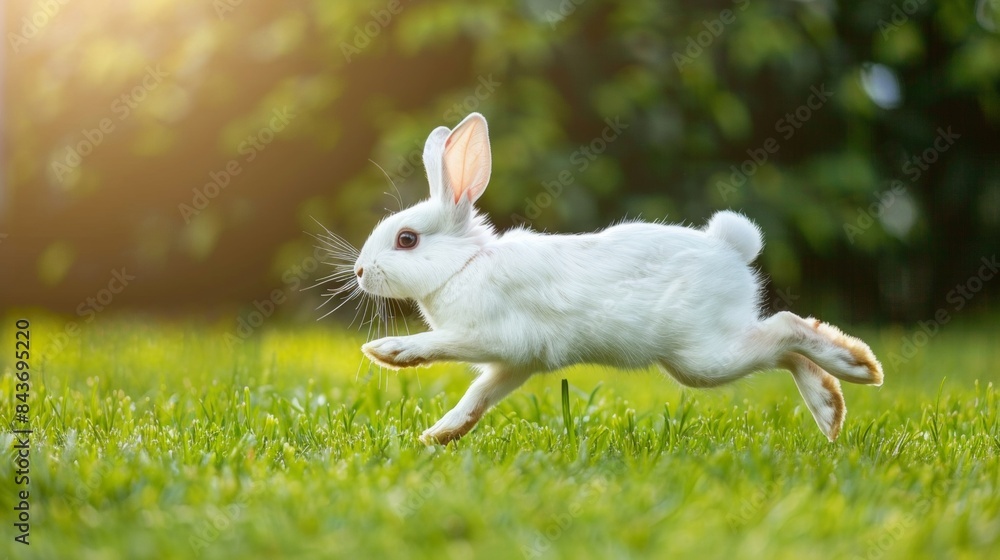 Cute running rabbit on outdoor lawn. Cute running rabbit on outdoor lawn.