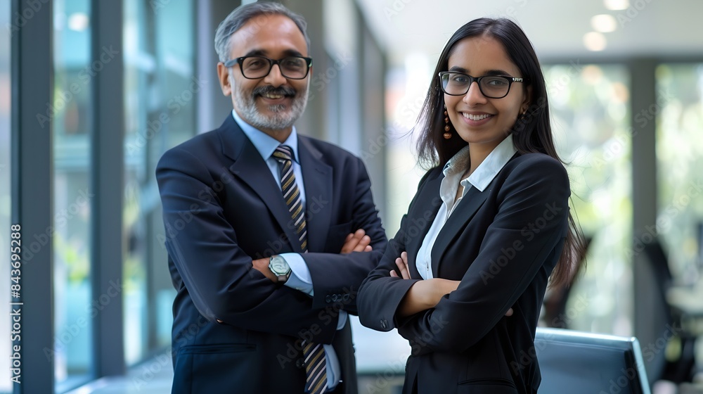 Portrait of smiling mature Latin or Indian business man and European business woman standing arms crossed in office Two diverse colleagues group team of confident professional business : Generative AI Portrait of smiling mature Latin or Indian business man and European business woman standing arms crossed in office Two diverse colleagues group team of confident professional business : Generative AI