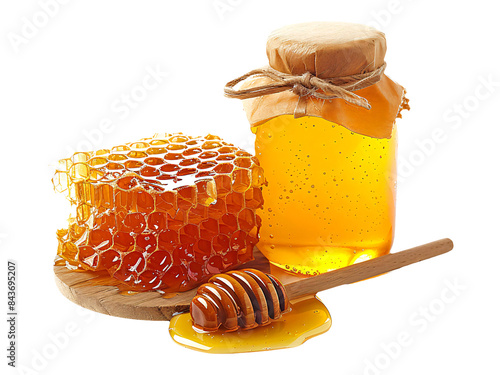 A jar of golden honey with a wooden lid rests beside a honeycomb on a wooden board, a honey dipper coated in dripping honey completes the scene.