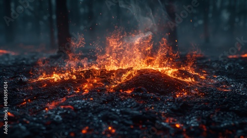 A burning forest floor with intense flames and charred debris  creating a dramatic and dangerous scene at dusk.