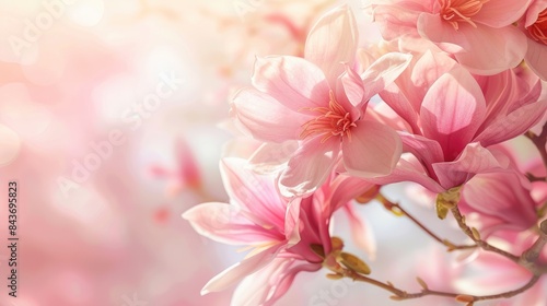 Magnificent pink magnolia flowers on a soft light background in spring