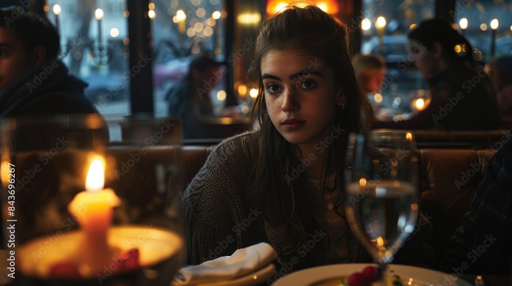 A young lady dines at the restaurant in the company of her friends A young lady dines at the restaurant in the company of her friends