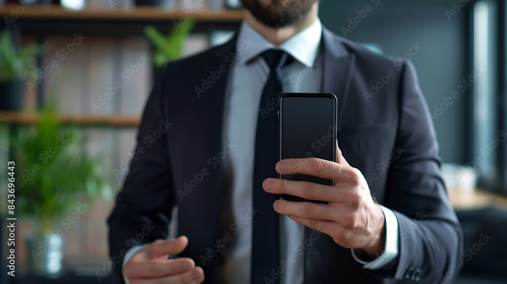 Businessman standing with smart phone in office : Generative AI Businessman standing with smart phone in office : Generative AI