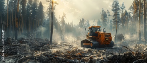 Forestry machinery in action clearing foggy forest  powerful bulldozer navigating through dense trees and mist  industrial landscape.