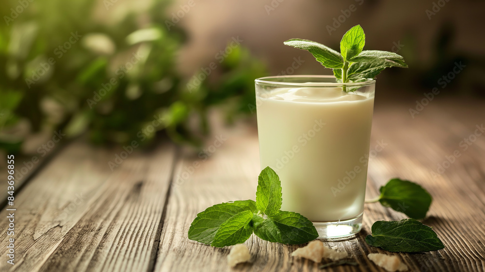 Glass of yogurt with green mint on wooden table Glass of yogurt with green mint on wooden table
