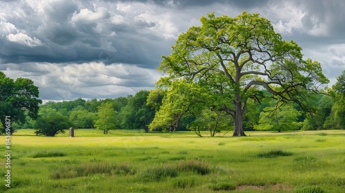 Fort Griswold Battlefield State Park monument and giant oak trees on the meadow Tranquil pasture landscape on a cloudy day   Generative AI