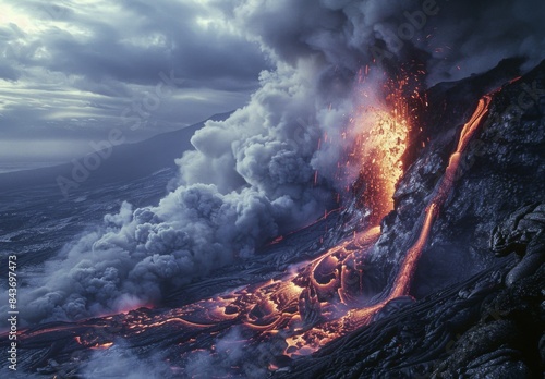 A violent volcanic eruption, with lava flowing down the side of the volcano and ash plumes rising into the sky photo