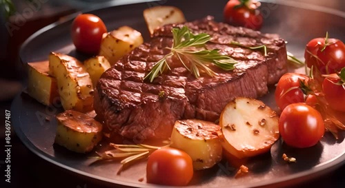 Beef steak on the grill with complete spices	
 photo