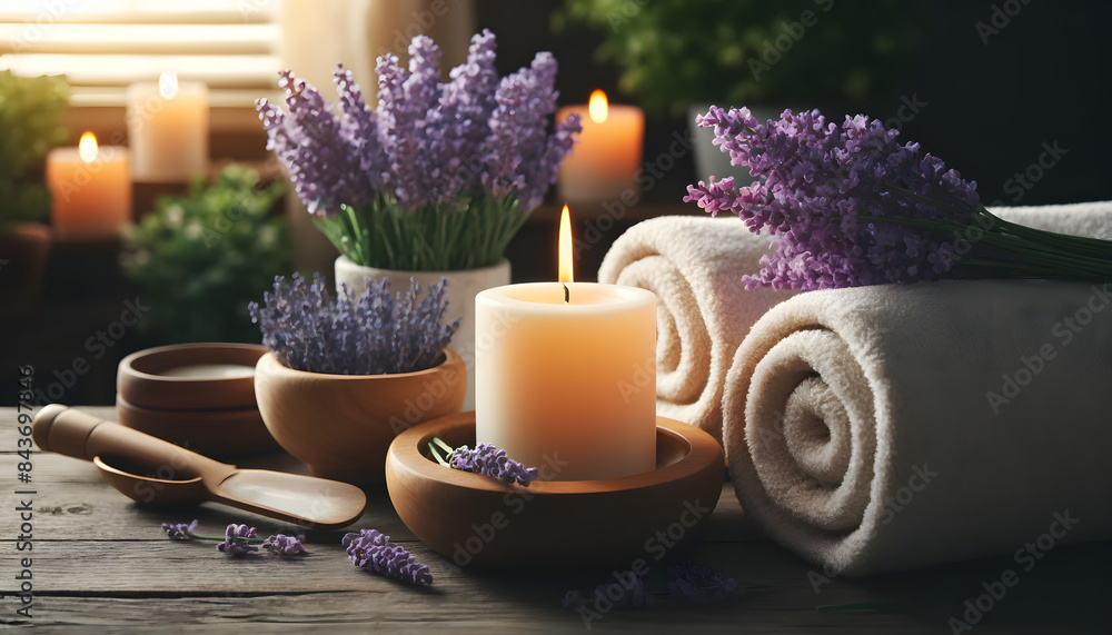 Lavender Spa Setting with Candles, Towels, and Wooden Accessories Lavender Spa Setting with Candles, Towels, and Wooden Accessories