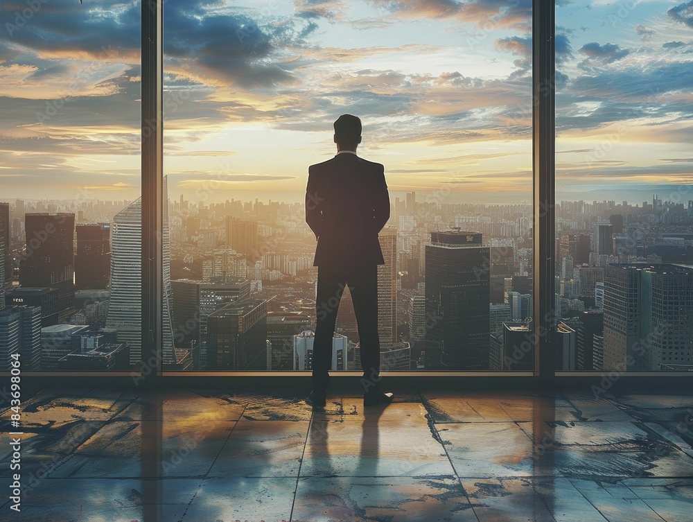 Surveying the market from a decline, a businessman stands ready to turn challenges into strategic opportunities Surveying the market from a decline, a businessman stands ready to turn challenges into strategic opportunities