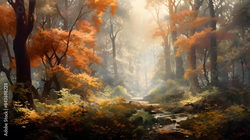 Autumn forest. Panoramic landscape of foggy forest.