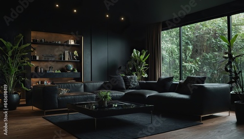 Wallpaper Mural black leather sofa with pillows and a table with plant in a room Torontodigital.ca