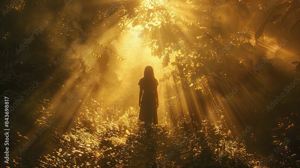 A serene figure stands in the gentle glow of sunlight, their shadow blending with the beams of light, evoking a sense of tranquility and introspection. A serene figure stands in the gentle glow of sunlight, their shadow blending with the beams of light, evoking a sense of tranquility and introspection.