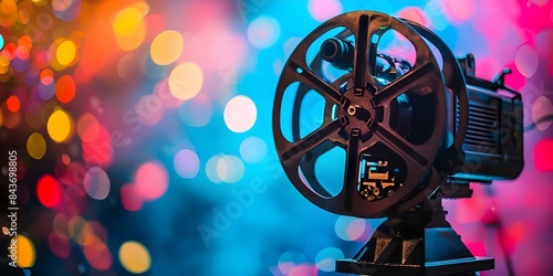 Silhouette of a Vintage Movie Projector Against a Colorful Background for a Film Festival. Concept Film Festival, Vintage Movie Projector, Silhouette, Colorful Background, Cinematic Atmosphere