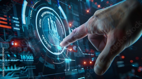 businessman scan fingerprint biometric identity and approval concept of the future of security and password control through fingerprints in an immersive technology future and cyberneti : Generative AI