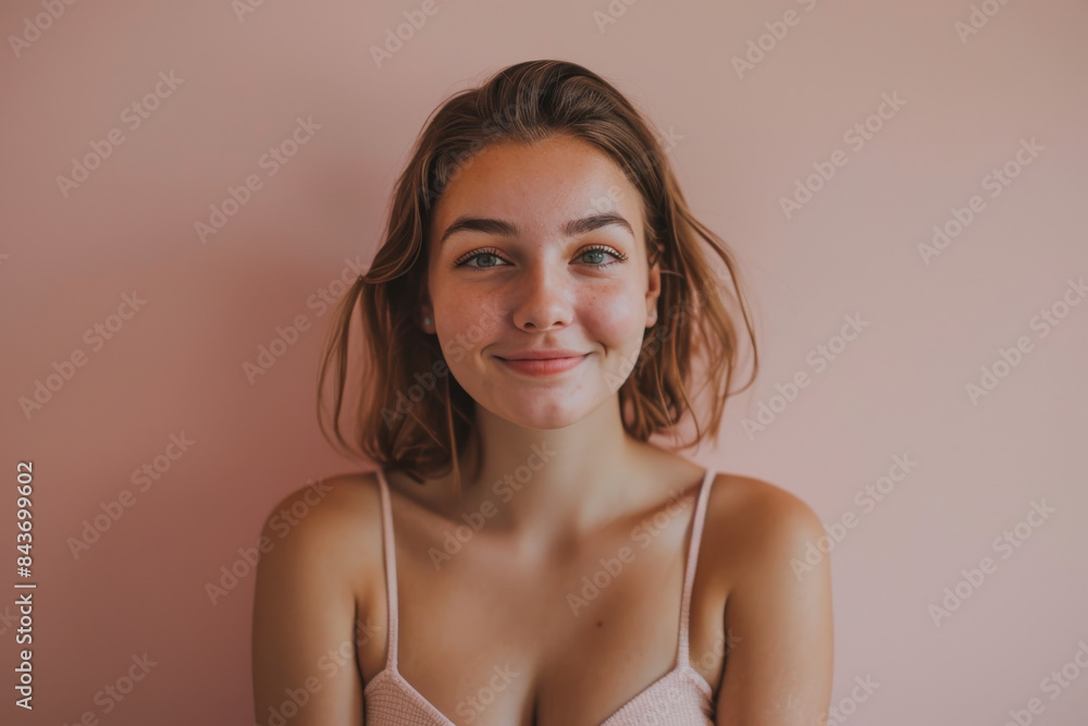 A close up portrait of a young woman with a subtle smile A close up portrait of a young woman with a subtle smile