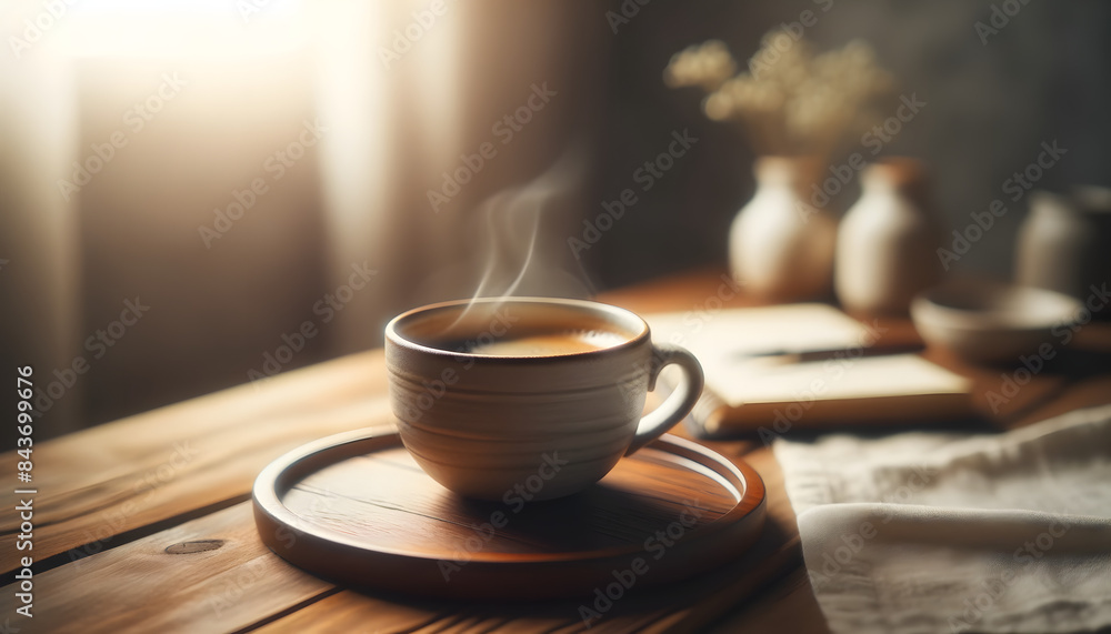 Fototapeta premium Warm Cup of Coffee on Tray with Sunlight in Cozy Home