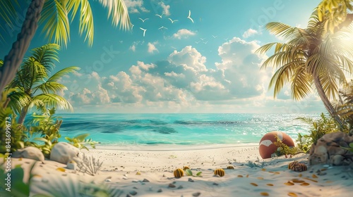 A beach scene with palm trees and a small red ball