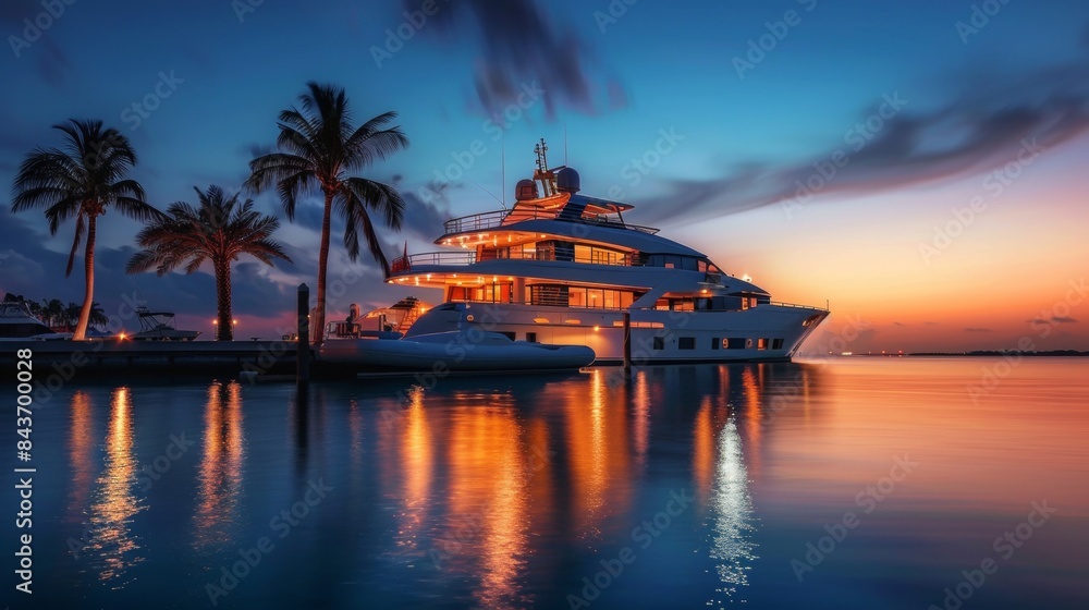 Obraz premium Luxury yacht in sea water at sunset with colorful sky and palm tree.
