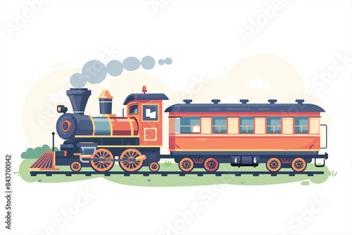 Cartoon Train. European Steam Train Icon Set. Drawing of train on white background. Vintage Retro Transportation Train. Cartoon  train with colorful carriage in railroad. 