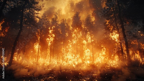 A dramatic image depicting a forest fire with towering flames engulfing trees, showcasing the intensity and destructive power of wildfires. © AnuStudio