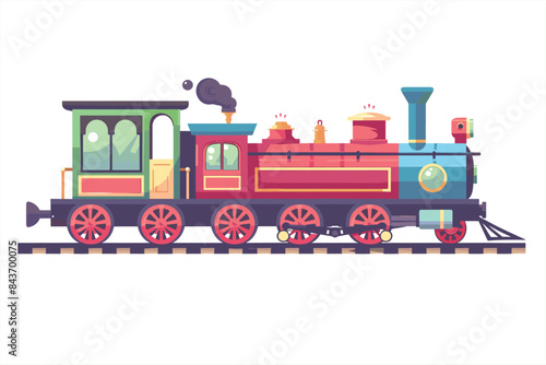 Cartoon Train. European Steam Train Icon Set. Drawing of train on white background. Vintage Retro Transportation Train. Cartoon  train with colorful carriage in railroad. 