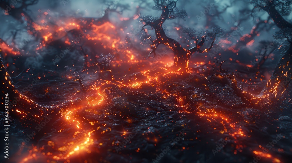 A mesmerizing landscape of glowing lava flowing through a charred forest with twisted trees, creating an eerie and surreal atmosphere.