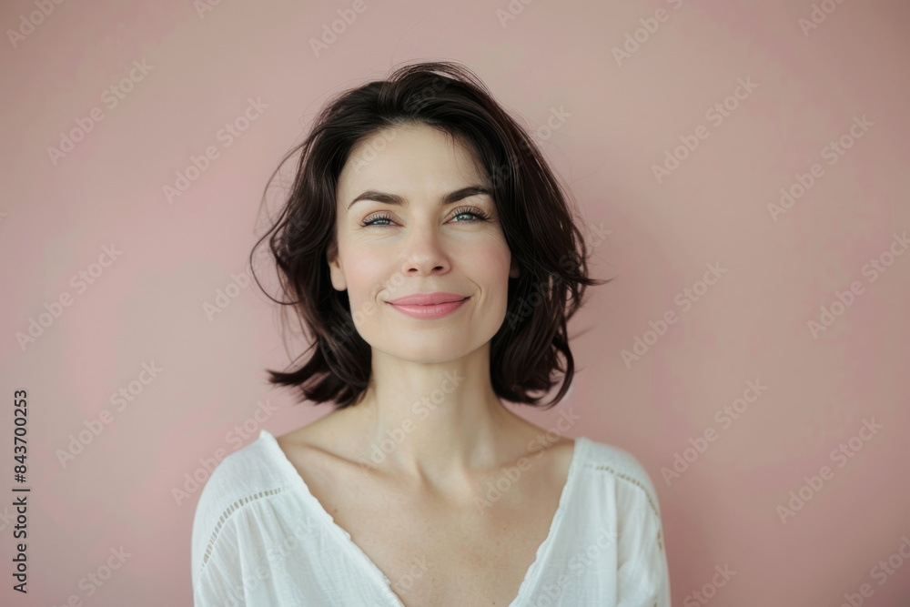 A close up portrait of a young woman with a subtle smile A close up portrait of a young woman with a subtle smile