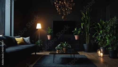 Black living room interior with luxury gray sofa