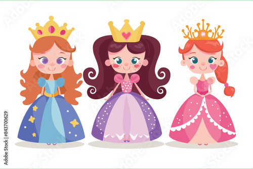 Set of beautiful princesses in luxurious dresses on a white background. set of cute happy princess girl, isolated on white background. 