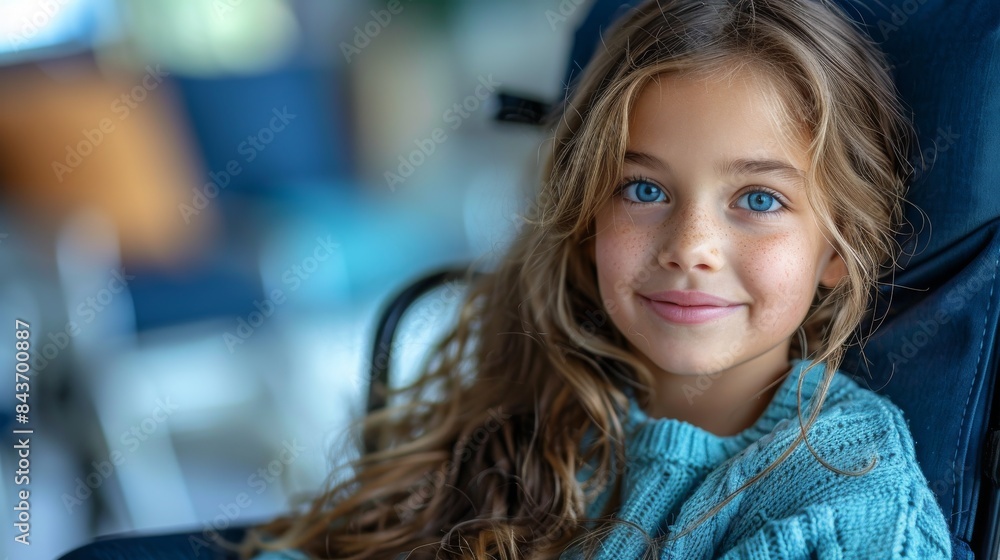 Close-up of a young girl with deep blue eyes and a radiant smile, presented in a soft focus Close-up of a young girl with deep blue eyes and a radiant smile, presented in a soft focus