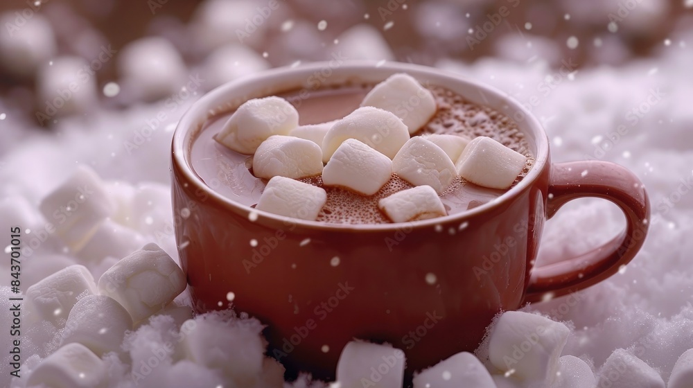 Hot chocolate with marshmallows on a snowy day. Hot chocolate with marshmallows on a snowy day.