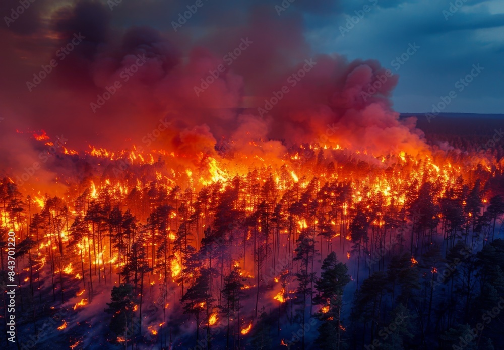 A dense forest engulfed in flames during a massive wildfire, with towering flames and thick smoke filling the sky A dense forest engulfed in flames during a massive wildfire, with towering flames and thick smoke filling the sky