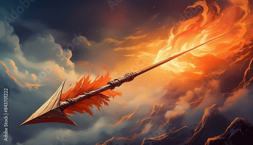 Fiery Arrow Soaring Through Smoky Dark Sky Meaning Speed Power Intensity Red Orange Flames photo