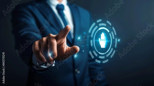 KYC Know your customer concept Biometrics security Person holding identity verification symbol for Increase financial security and access personal financial data : Generative AI