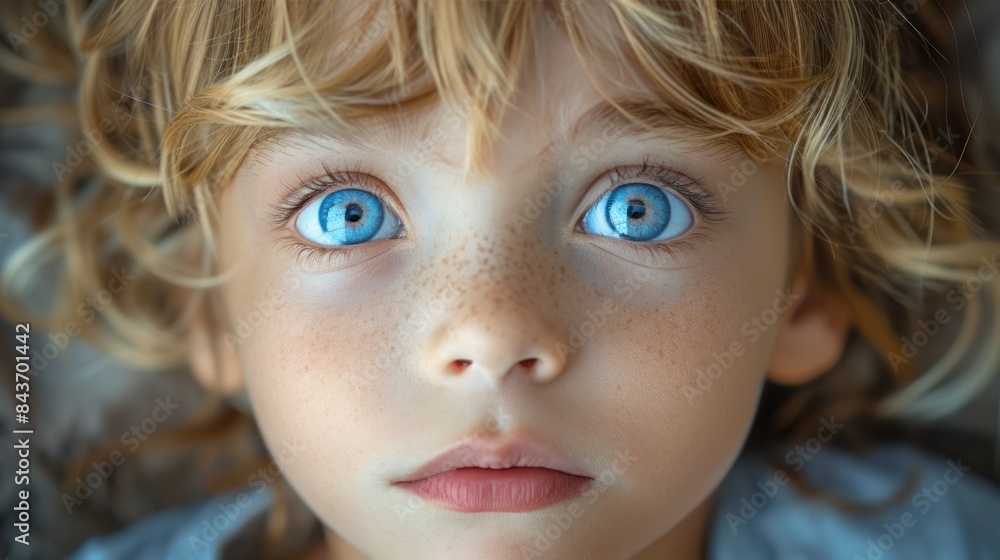 A Young Boy With Striking Blue Eyes Gazes Upwards, Captured in a Moment of Wonder and Curiosity. Generative AI A Young Boy With Striking Blue Eyes Gazes Upwards, Captured in a Moment of Wonder and Curiosity. Generative AI